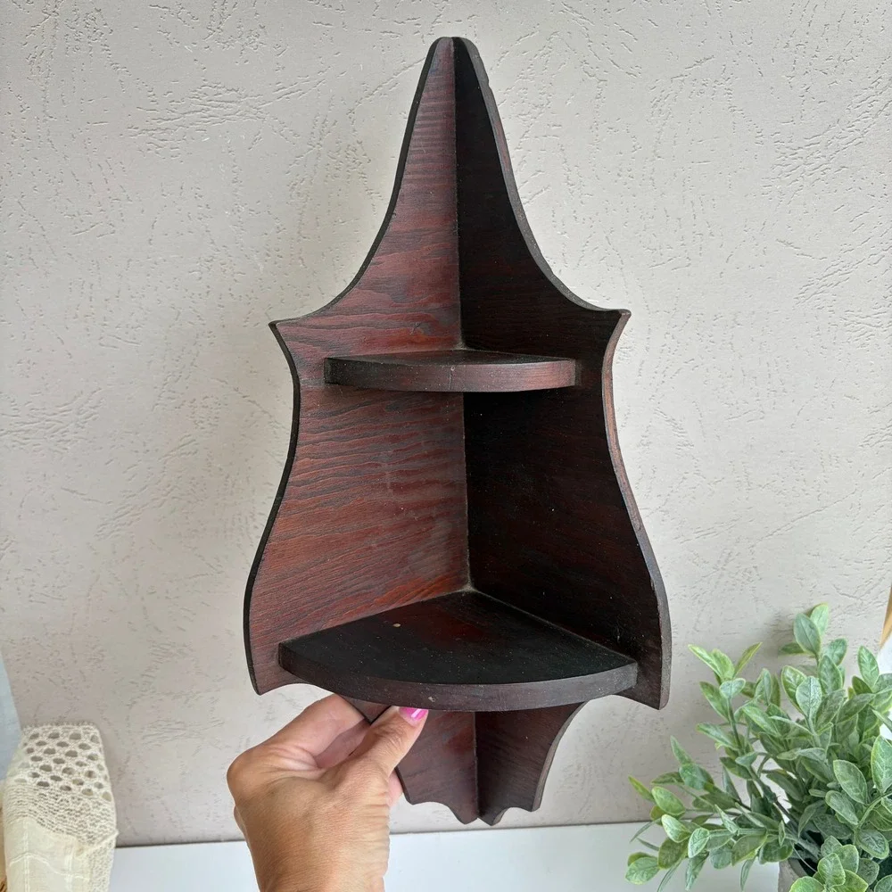 Vintage Wooden Corner Wall Shelf 2 Tier Scalloped Dark Wood Display 15.5in